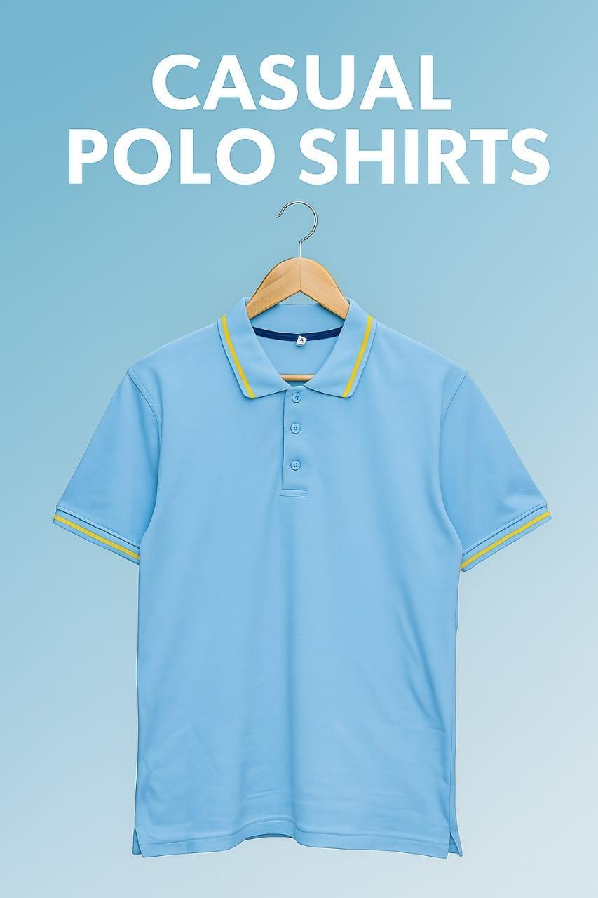 Men's Blue Cotton Polo Shirt with Yellow Trim